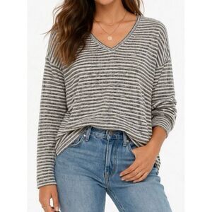 Lucky Brand Striped Long Sleeve Top Size M Gray White V-Neck Soft Lightweight Ca